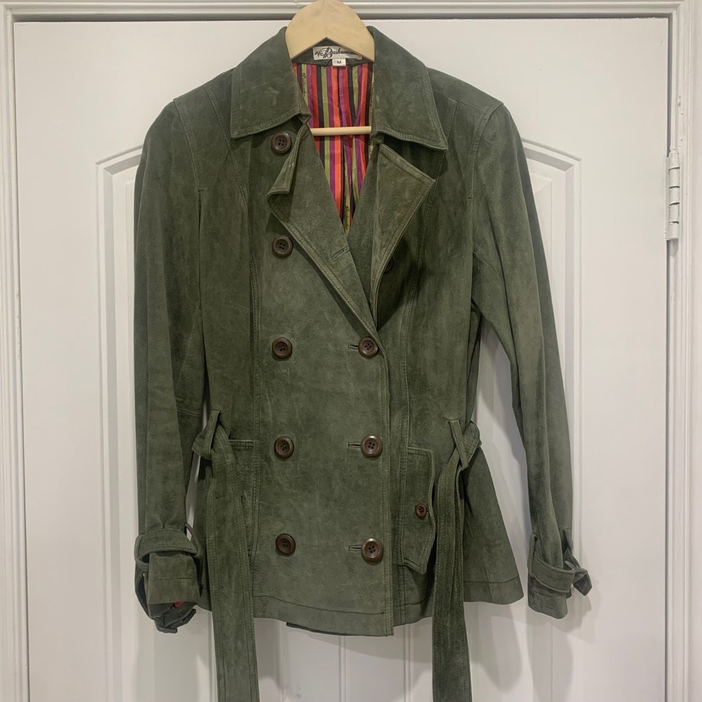 Bushwacker Olive Green Suede Leather Double Breasted Trench Coat Jacket Medium